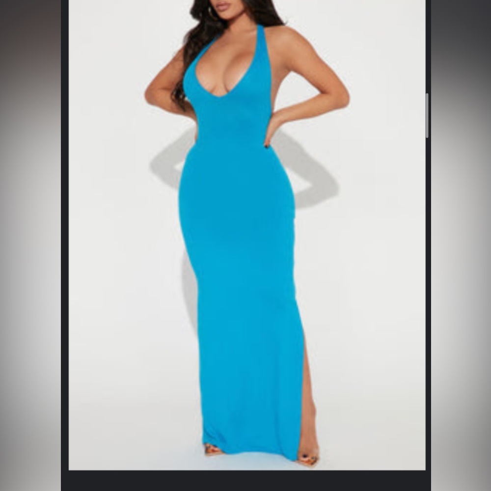 Fashion Nova Blue Halter Maxi Dress